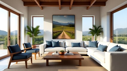 Fototapeta premium Luxury living room interior design with white sectional sofa and vineyard view wall art decor idea 