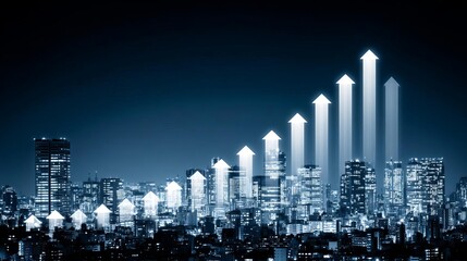 Obraz premium City skyline with upward trend arrows at night. Abstract Futuristic Business Background