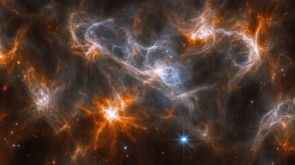 Cosmic nebula fiery orange and blue gas clouds swirling in space