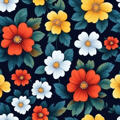 Seamless pattern of vibrant red, yellow, and white flowers with green leaves on dark background, creating a lively and fresh floral design