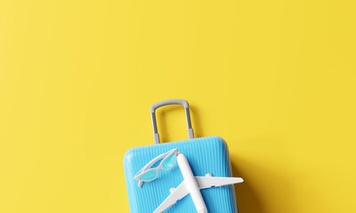 Blue suitcase with airplane and sunglasses against a sunny yellow backdrop. 3d rendering