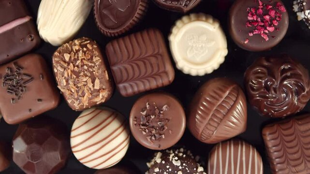 Overhead view of bonbon chocolates rotating on a turntable. Each piece has an intricate and varied shape, close-up luxury presentation.