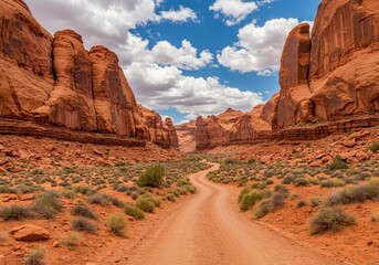 Scenic dirt road through orange rock canyon landscape with cloudy blue sky