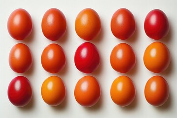 Fifteen reddish and orange eggs arranged in three neat rows on a white surface, showcasing a smooth texture and vibrant warm tones
