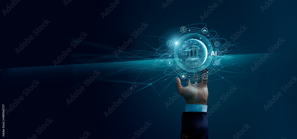 Poster businessman holding of icon banking on network connection. digital marketing. finance and banking ne
