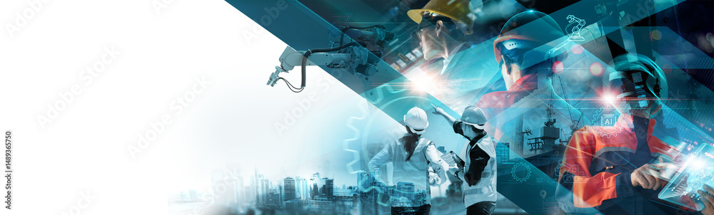 Aufkleber Construction industry in the AI Digital Age, Smart construction of site with digital technology optimizes timelines and resources efficiency in operations and advanced of business..