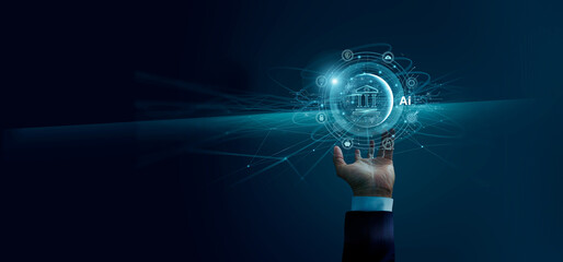 Businessman holding of icon banking on network connection. Digital marketing. Finance and banking networking. Online shopping and customer network, ai technology, cyber security. Business technology.