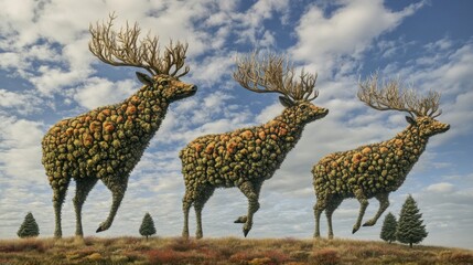 Floral deer sculptures nature scene artistic wildlife plants summer spring outdoor three animals