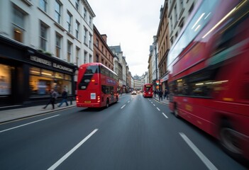 Obraz premium Motion Blurred Dynamic City Street Scene with Moving Buses and Pedestrians on Busy Road