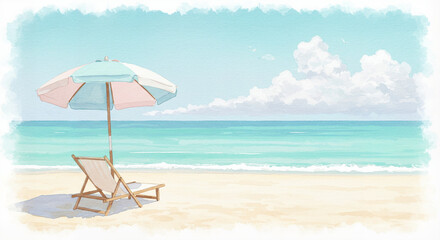 Fototapeta premium Beach scene illustration, pastel colors, for summer vacation promotions
