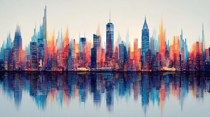 Obraz premium Vibrant city skyline reflecting on water Abstract Futuristic Business Background