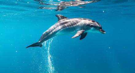 Fototapeta premium Dolphin Leaping Through Ethereal Waters Underwater Serenity Moment