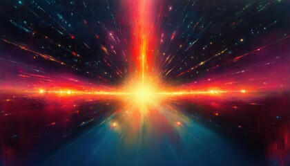 Bright radiant light burst with glowing streaks of red, orange, and blue extending outward in a dynamic cosmic explosion effect