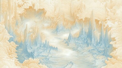 Ethereal cityscape pale blue and beige fantasy landscape illustration
