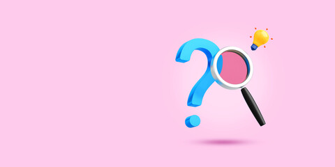 Cute 3D object Magnifying glass, light bulb and question mark or ? on pink background. Concept study of problem solving, search, learn, problem, education. Copy space. Clipping path. 3D Illustration.