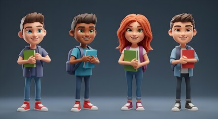 Cartoon Teens with Books and Backpacks in High-Quality Illustration