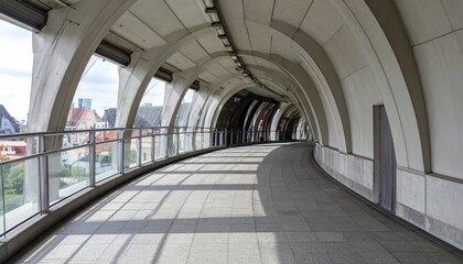 Obraz premium Architectural marvel with curved concrete structure featuring urban cityscape view