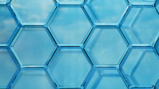 Blue crystal hexagon background. Underwater honeycomb pattern moving in seamless loop.