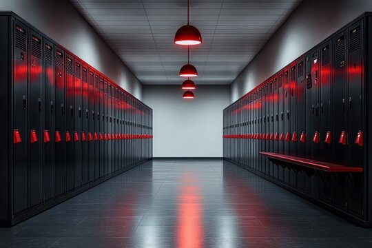 Symmetrical corridor of black lockers with red handles and red pendant lights reflecting on glossy dark floor, creating a modern and intense atmosphere