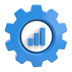 Obraz premium Blue gear with white circle and blue bar graph inside representing settings and statistics data isolated on transparent background
