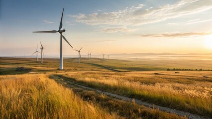 Obraz premium Wind Turbines on Golden Fields During Sunrise