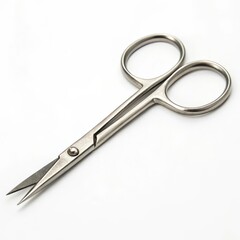 Obraz premium Metal scissors with round handles on a plain background.