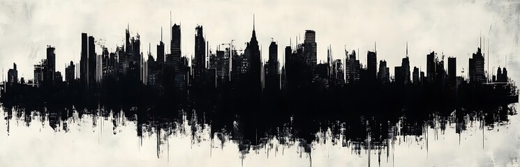 Dramatic Black Ink Skyline Silhouette on White Background, Urban Architecture