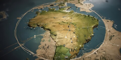 Stylized Brazil map, circular network shows interconnectedness ,  digital,  illustration