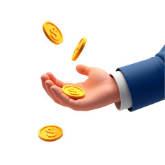 Fototapeta premium A cartoon hand in a blue suit catching gold coins falling in the air isolated on transparent background