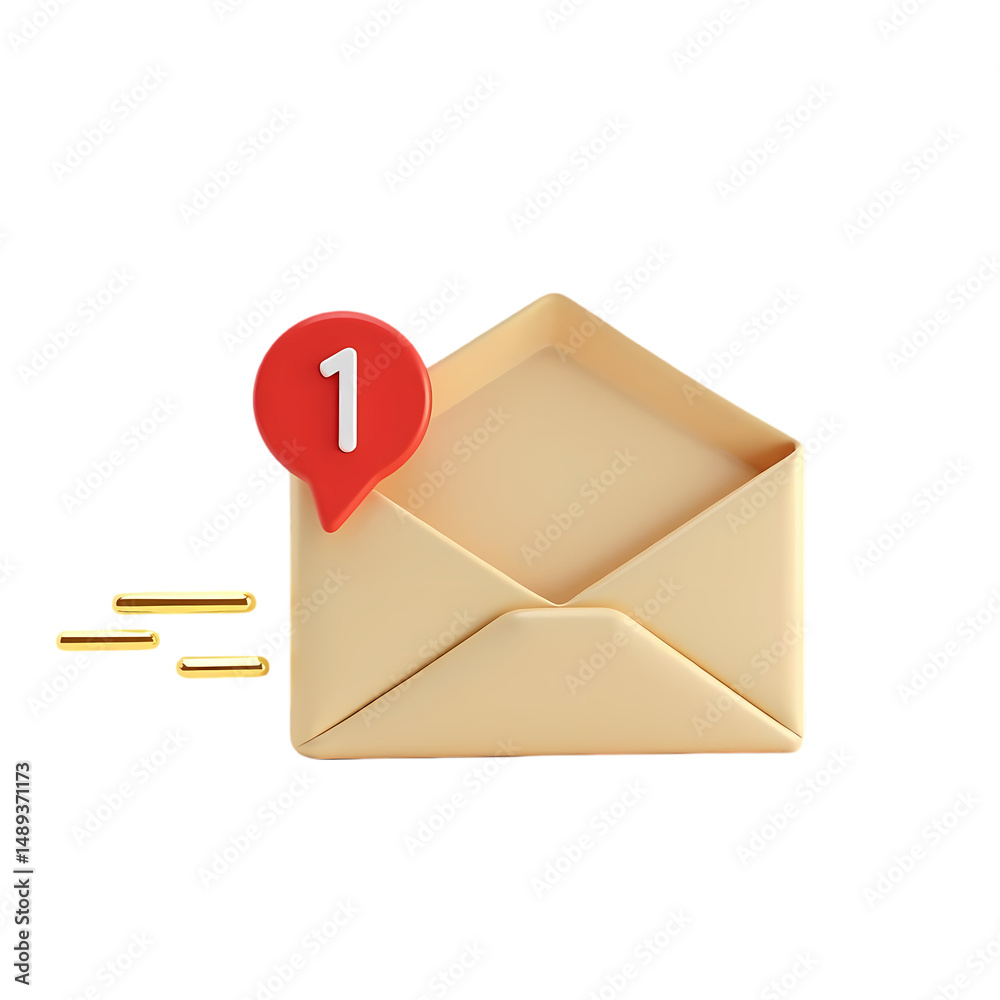 Poster an open envelope with a red notification bubble displaying the number one isolated on transparent ba
