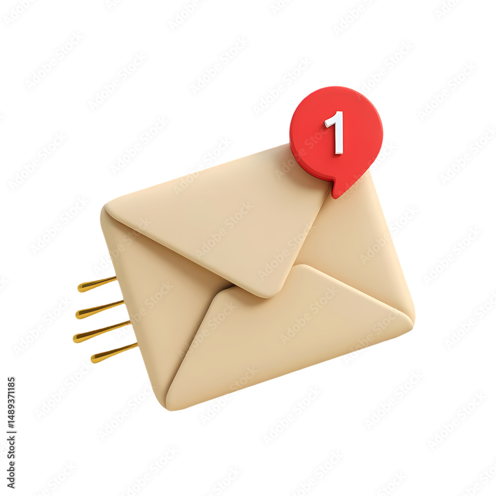 Poster an envelope with a red notification bubble displaying the number one render isolated on transparent 