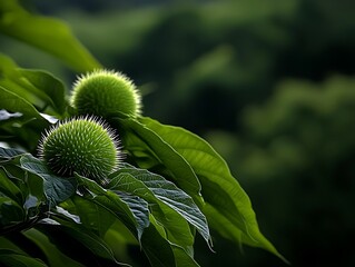 Close-up of spiky green fruits on leaves