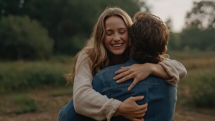 Obraz premium A woman with long blonde hair hugging a man wearing a denim jacket in an outdoor setting with trees