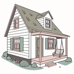 Charming cottage house illustration front porch swing flowers