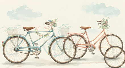 Fototapeta premium Vintage Bicycle Illustration Pastel Bikes with Flowers