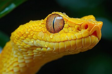 Obraz premium Close-up of a vibrant yellow snake with textured scales and a sharp vertical slit eye covered in water droplets, set against a dark blurred background