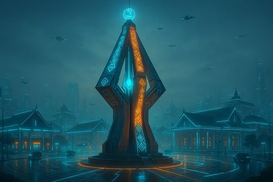 Sacred City Pillar Monument in Xam Neua &ndash; Futuristic Neon Night