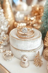 Gold rings on display, festive background