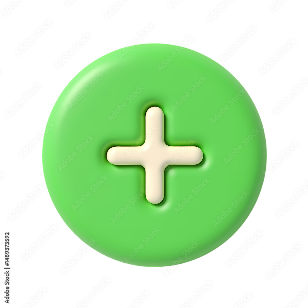 Poster a green circular button with a cream plus symbol in the center rendering isolated on transparent bac