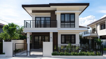 Fototapeta premium Modern Minimalist House with Black Metal Fence and White Walls