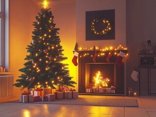 Cozy Christmas Eve Glowing Tree and Fireplace Scene.