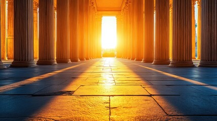 Golden sunlight through colonnade columns pathway architecture background