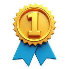 A golden first place medal with blue ribbons  in a rendered style isolated on transparent background