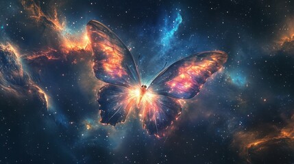 Cosmic lepidopteran soaring through nebula with a radiant glow effect