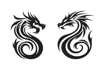 Tribal Dragon Tattoo Silhouettes – Vector Mythical Creatures Design in Black Ink Style.