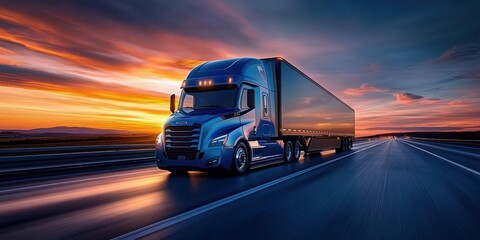 Blue semi-truck driving on a highway during a vibrant sunset with dramatic clouds and expansive open road