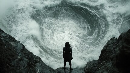 Woman silhouette at cliff edge facing powerful ocean vortex