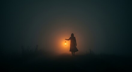 Woman holding lantern in eerie fog. Exploring the darkness.