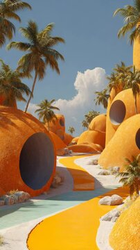 Vibrant orange landscape with palm trees, a winding yellow path, and unique cave like structures under a bright blue sky. A surreal, tropical scene.