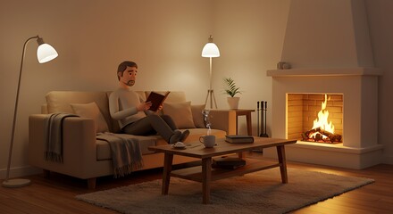 Cozy Evening Reading by Fireplace